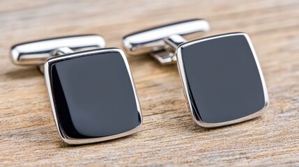 Black rectangular cufflinks with silver metal frame.