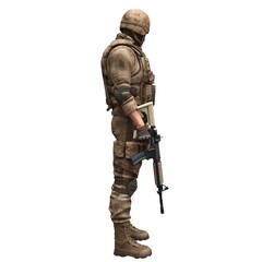Soldier with a machine gun isolated white background 3d illustration