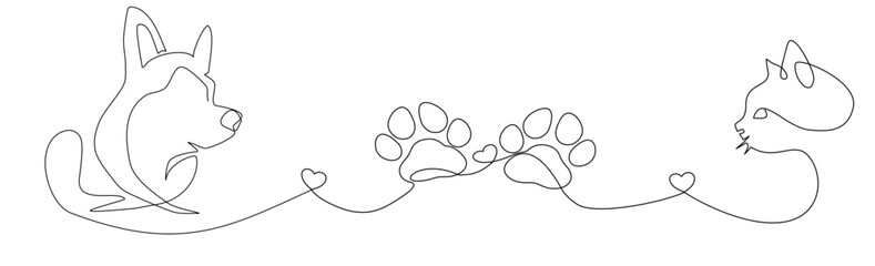 Minimal continuous line illustration of a dog face and a cat face at both ends, with two animal footprints and small hearts in the center. Perfect for pet lovers, elegant vector decoration.