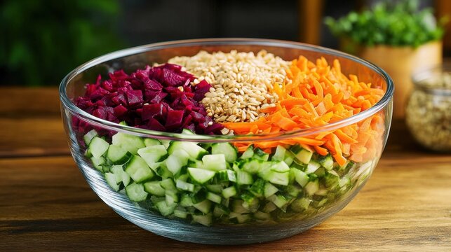 Colorful chopped salad with beets, carrots, cucumbers, and seeds in a glass bowl