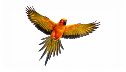 Fototapeta premium Sun parakeet bird aratinga solstitialis flying isolated on white background