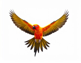 Fototapeta premium Sun parakeet bird aratinga solstitialis flying isolated on white background