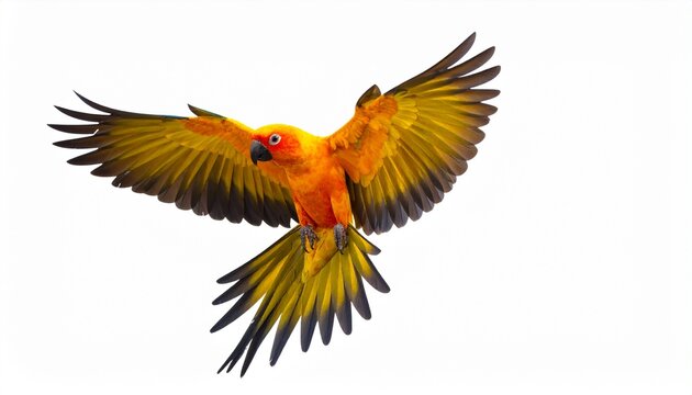 Sun parakeet bird aratinga solstitialis flying isolated on white background