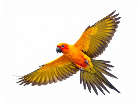 Sun parakeet bird aratinga solstitialis flying isolated on white background