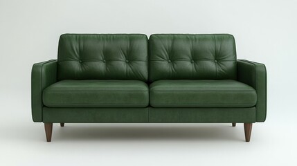 Fototapeta premium Dark green leather sofa with square armrests isolated on a minimal white background