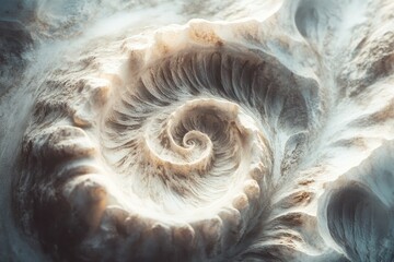 Abstract swirling stone sculpture, resembling a nautilus shell, with soft light and shadow.