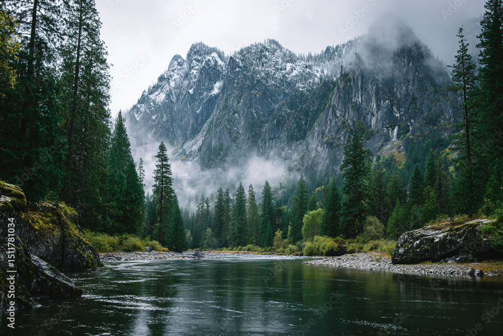 Aufkleber a scenic view of a river flowing through a forest with mountains in the background covered by fog