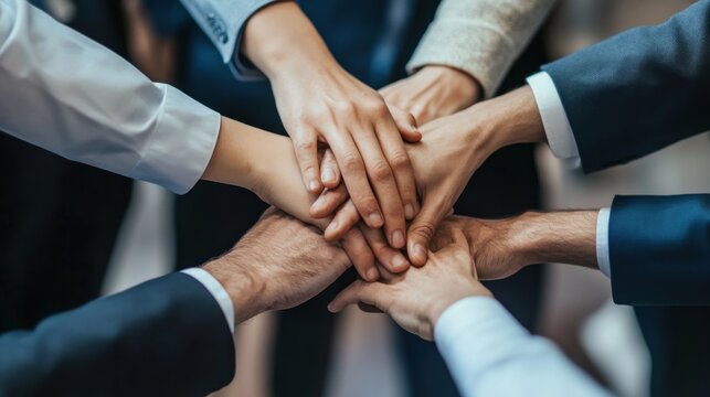 Diverse hands stacked together, symbolizing teamwork, unity, and collaboration.