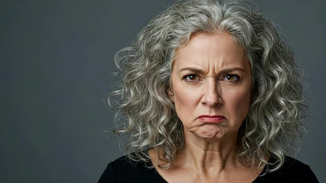An angry, middle-aged woman with gray hair and a frustrated expression