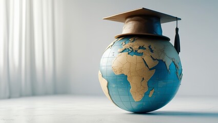 Global education concept represented by earth globe wearing a graduation cap in studio