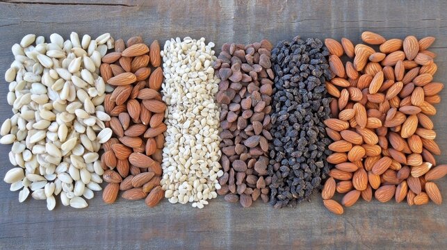 Overhead view of assorted nuts, seeds, and dried fruits on a rustic wooden background