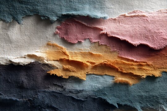 Torn textile pieces displaying layered textures in blue, pink, yellow and beige fabric