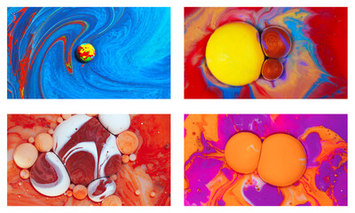 A vivid set of 4 macro abstract ink artworks, alive with swirling cyan, crimson, orange, and violet, radiating motion, warmth, and playful intensity.