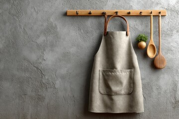 Apron and Wooden Spoons Hanging Against a Textured Gray Wall Surface