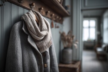 Fototapeta premium Wool Coat and Scarf Hanging on Rustic Wooden Rack in Entryway of Home