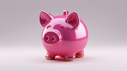 Glossy pink piggy bank standing on coin feet representing savings and finance