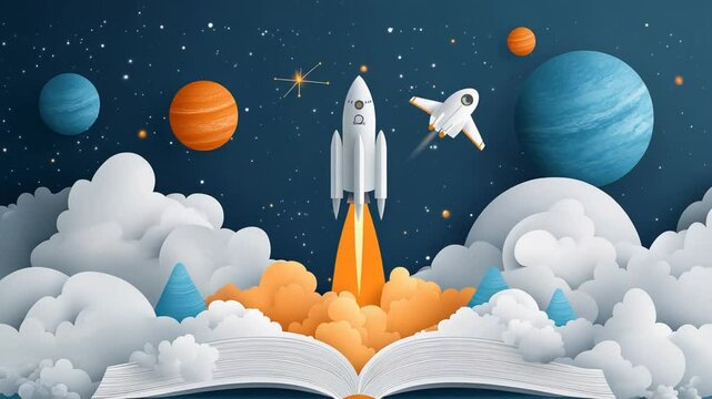 Rocket Launching from an Open Book into the Cosmos: A Journey of Imagination