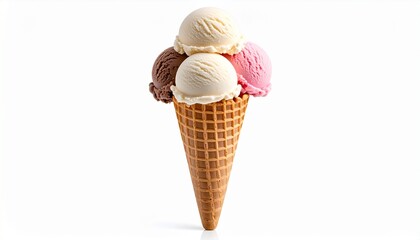 Waffle cone with three scoops of ice cream stacked vertically isolated on white back 