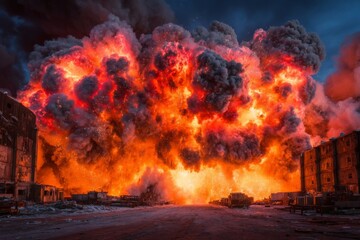 Massive orange explosion in urban industrial zone with smoke and collapsing structures
