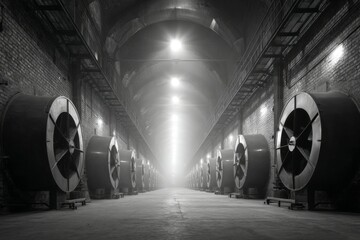 Row of Large Industrial Fans Inside an Arched Brick Tunnel with Overhead Lighting