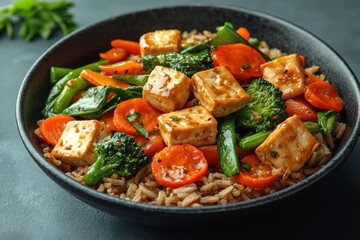 Colorful Vegetable Stir-Fry with Tofu and Brown Rice