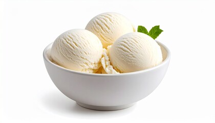 White bowl filled with three scoops of ice cream isolated on white background