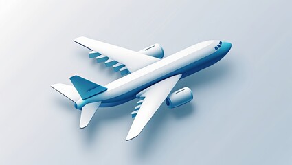 Modern 3d illustration of an airplane in blue and white on a light blue background
