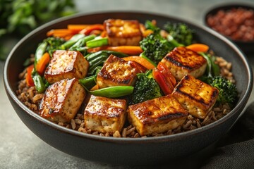 Fototapeta premium Healthy Vegetable Stir-Fry with Tofu Served on Brown Rice