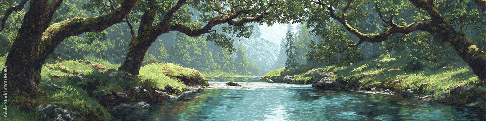 Poster a serene river flows through a lush forest with trees arching overhead creating a peaceful scene