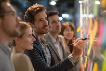 Collaborative team brainstorming with colorful adhesive notes on glass wall in office