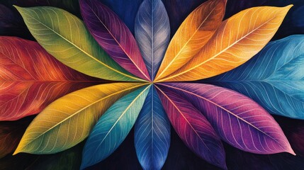 Stylized background with vibrant leaf shapes arranged in symmetrical design