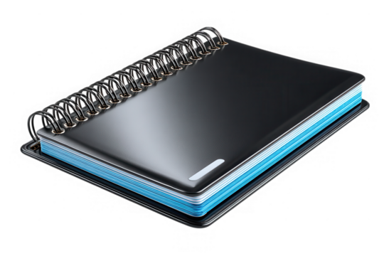 Black spiral notebook isolated on transparent background with blue pages