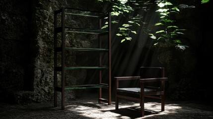 A dark room with a tall glass shelf and a wooden chair.