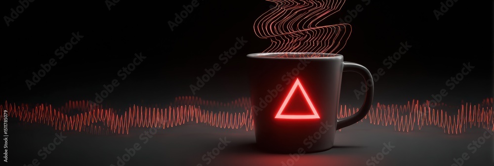 Poster overflow of coffee from a mug emits warning lights and jitter lines with a sleek design and dark bac