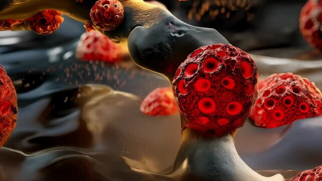 Human bone being attacked by disease cells. 3D generated close-up view of cancer cells invading the body bone tissue.