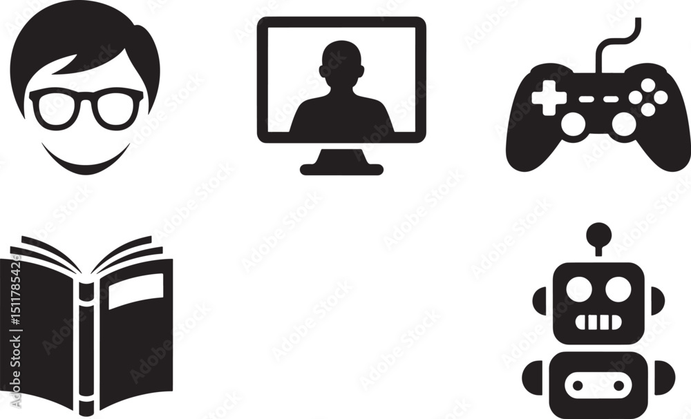 Fototapete Silhouette Style Geek and Tech Icons on Black Backdrop Illustration Vector Graphic Design Template for Commercial Use