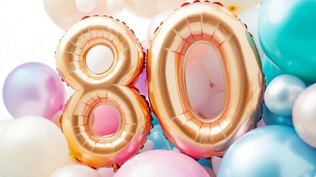 Vibrant 80th birthday celebration with multicolored balloon display.