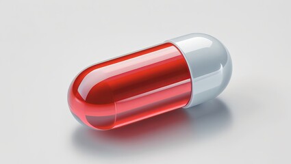 Red and white pharmaceutical capsule isolated on a soft white background with reflection