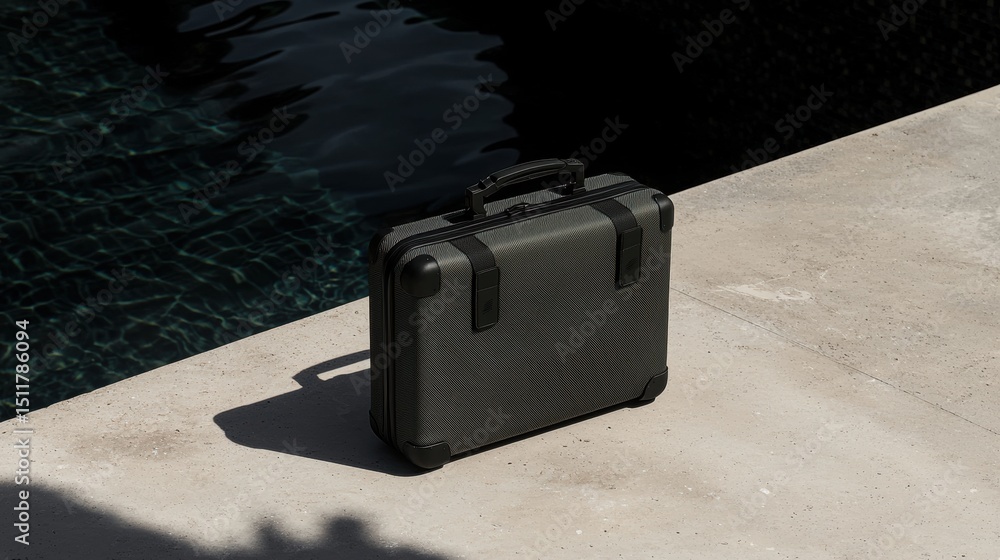 Poster a black briefcase with a handle and lock sits on a concrete ledge next to a pool.