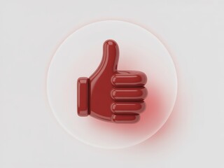 Red thumbs up icon with 3d rendered effect on a white round background