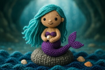 crochet mermaid doll sitting on a rock made of textured gray yarn, surrounded by blue yarn waves and tiny seashell props