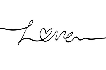 Love text with heart symbol in continuous line art