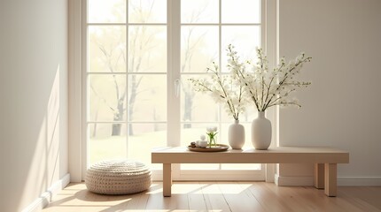 Minimalist white bedroom interior with dry branch decor, soft shadows from blinds, and natural daylight, AI-generated image