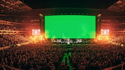 Large crowd at stadium concert with stage lights and green screen. - Powered by Adobe