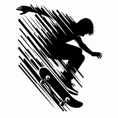 Black and white silhouette of skateboarder riding downhill in dynamic motion