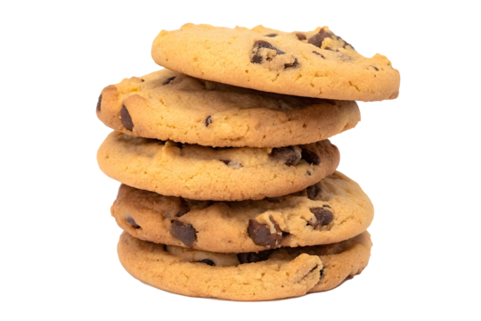 Chocolate chip cookies stack isolated on transparent background .