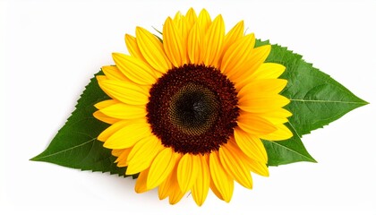 Obraz premium Yellow sunflower with green leaves isolated on white background