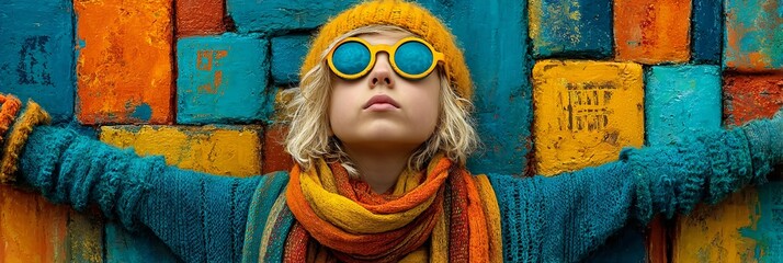 urban style girl with attitude, color clash fashion street portrait, cool vibes with cap and wall