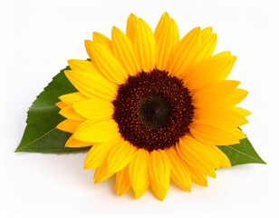 Obraz premium Yellow sunflower with green leaves isolated on white background