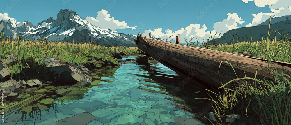 Poster a scenic view of a clear stream flowing through a meadow with mountains in the background and a fall